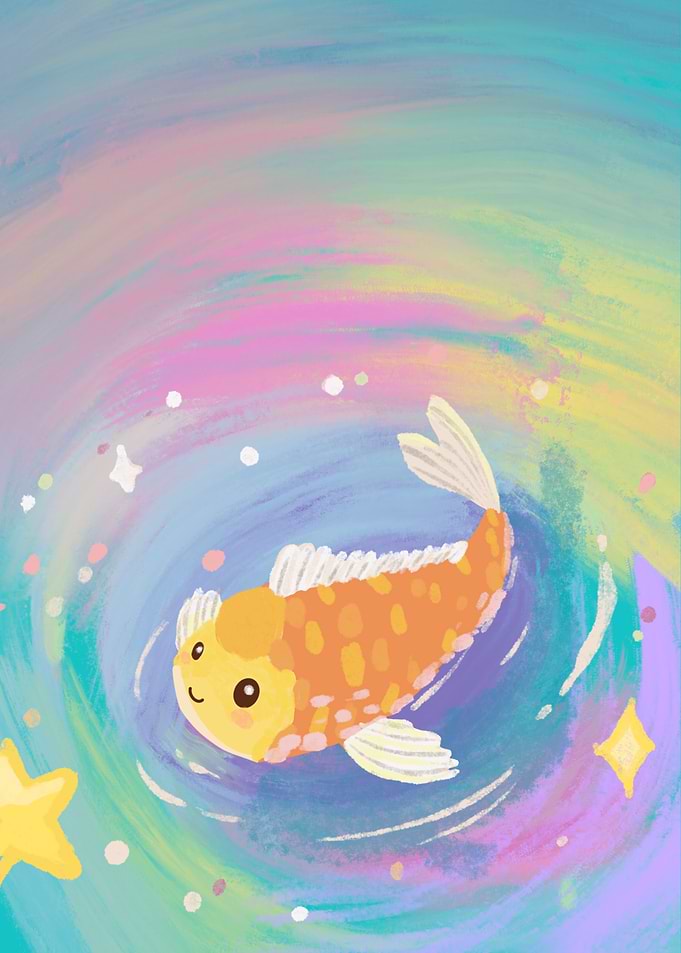 Cute Koi Fish in Rainbow Water