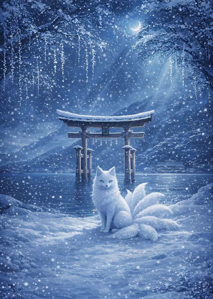 White Kitsune in Snowy Torii Gate Landscape