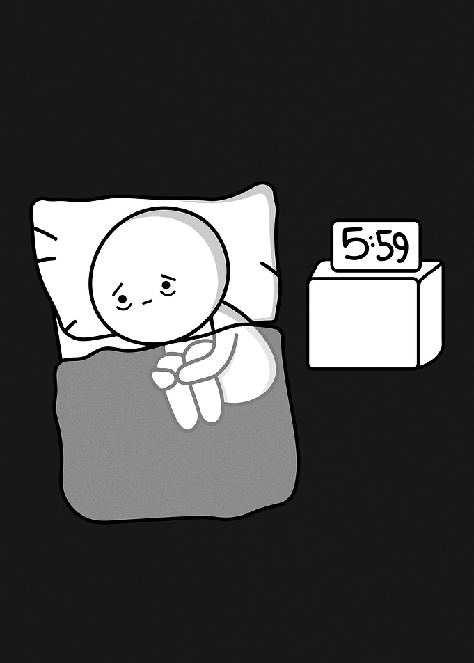 Sad person in bed at 5:59