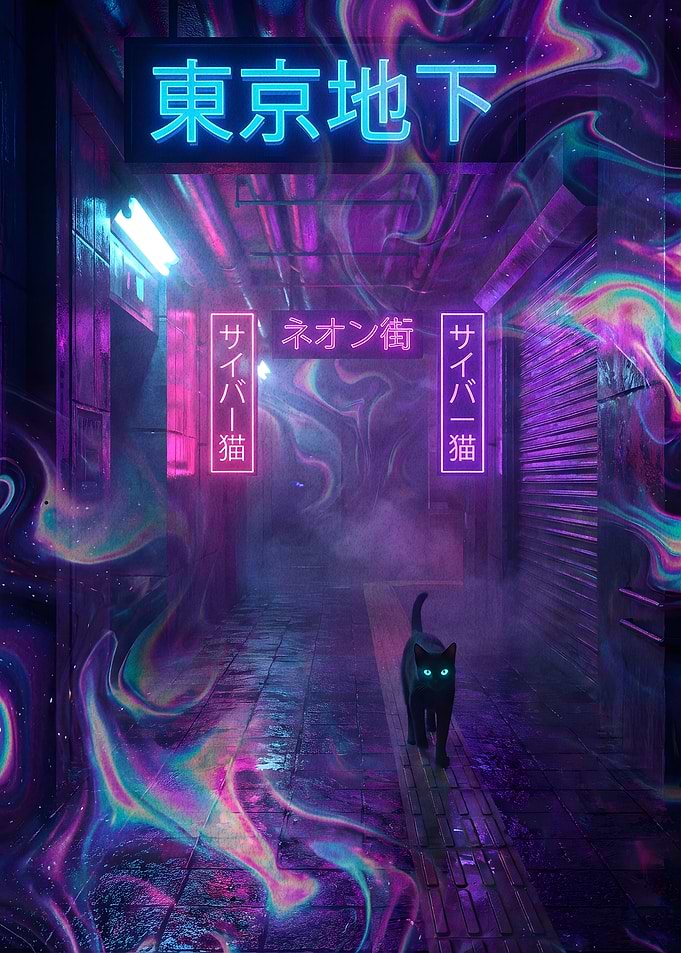 Cyberpunk Alley Cat with Neon Signs