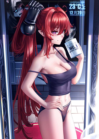 Anime Girl with Red Hair Holding a Mug