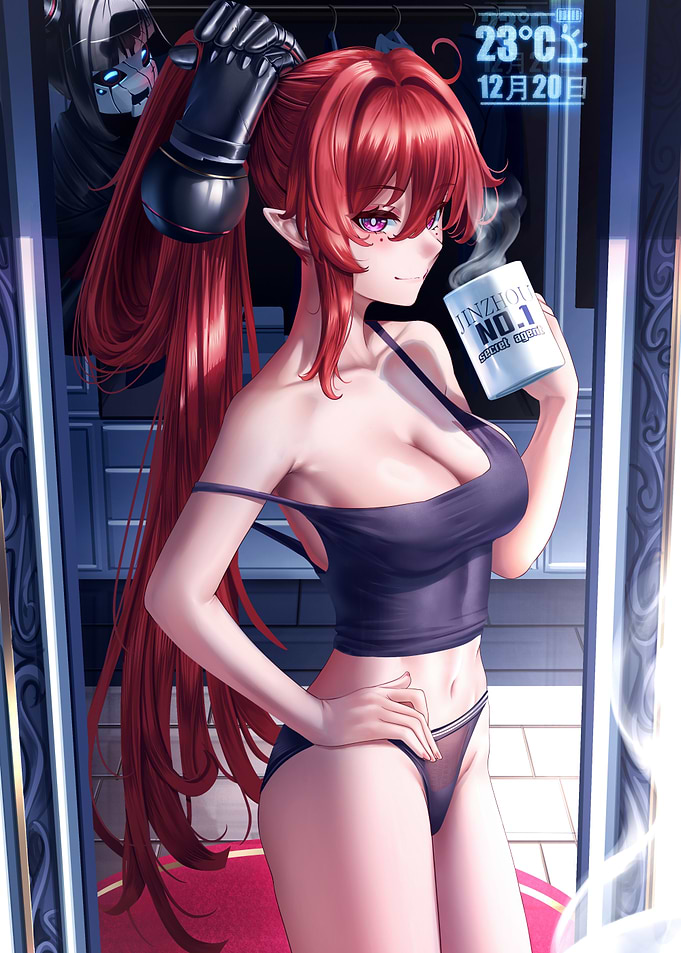 Anime Girl with Red Hair Holding a Mug