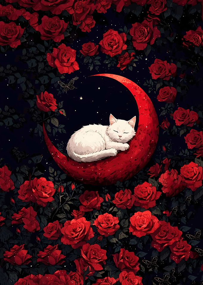 White Cat Sleeping on Red Moon