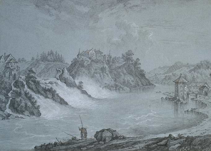 Scenic Waterfall Landscape with Buildings and Fishermen