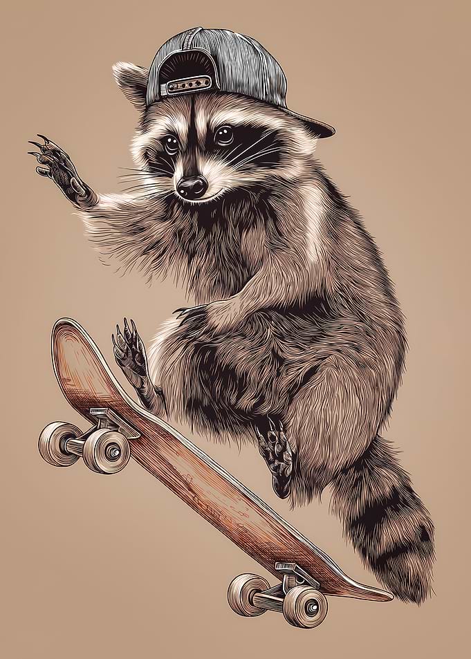 Skateboarding Raccoon with Baseball Cap