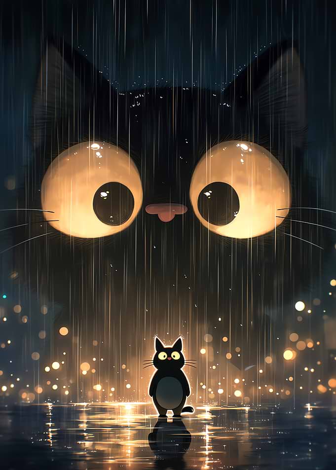 Two black cats in the rain