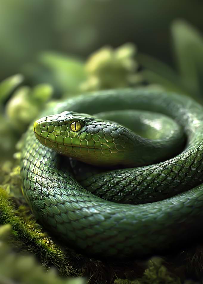 Green Snake Coiled in Moss