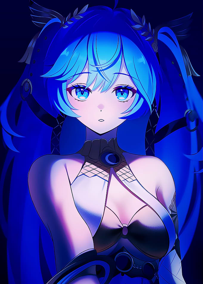 Anime Girl with Blue Hair and Moon Symbol