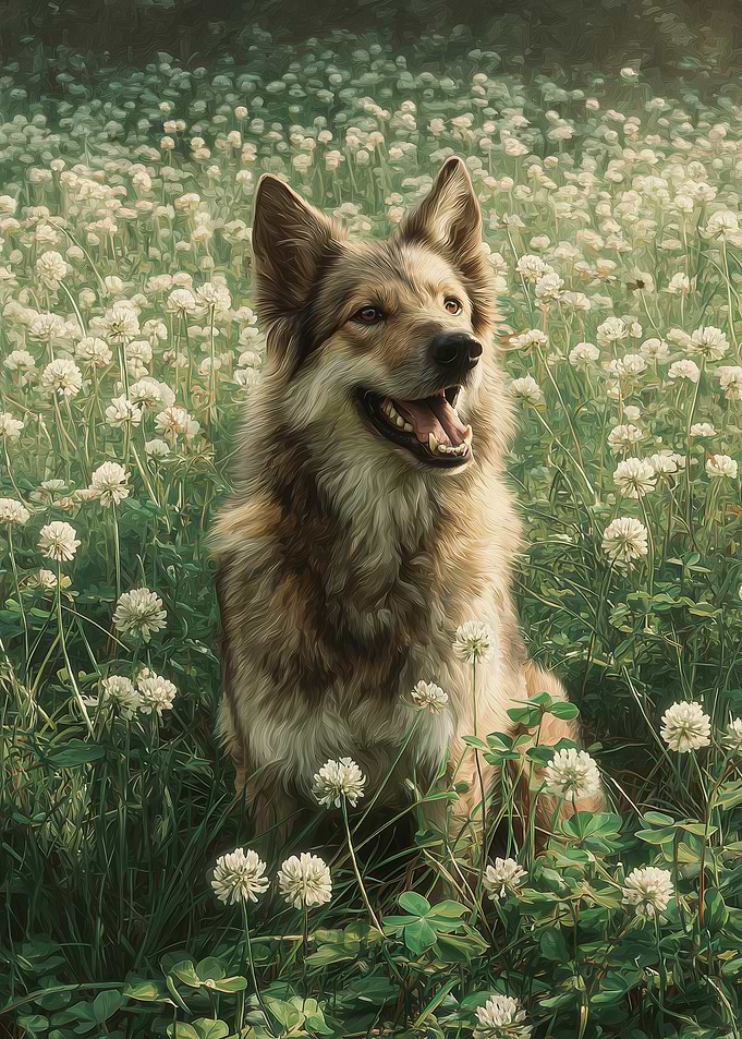 Dog in a Field of White Flowers