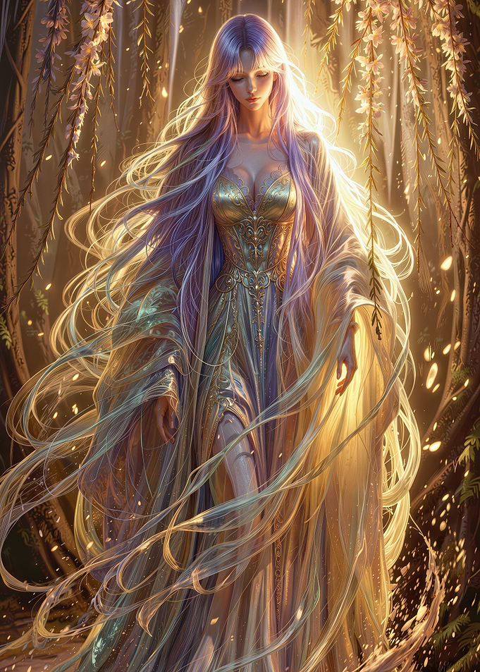 Ethereal Woman in Golden Gown