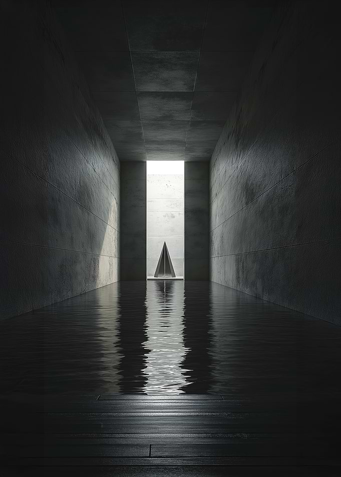 Futuristic Concrete Corridor with Pyramid Sculpture