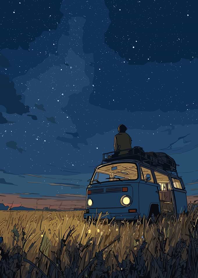 Person on Van Under Starry Night Sky