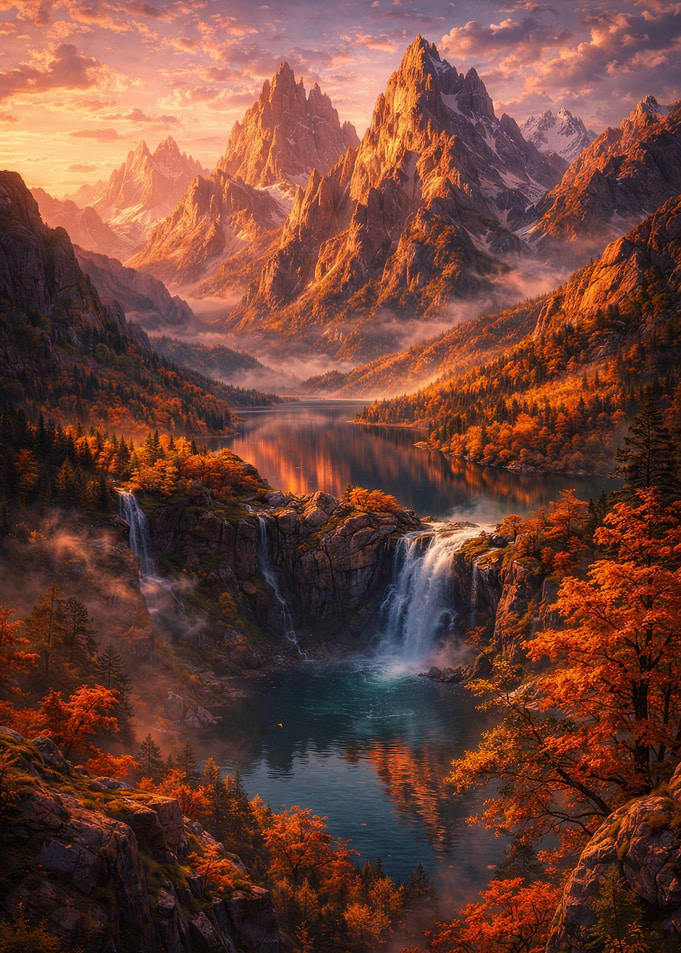 Autumn Mountain Landscape with Waterfall