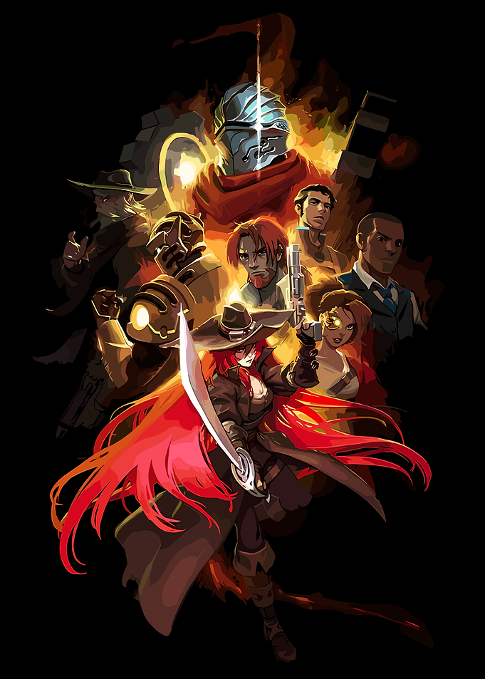 Group of diverse characters in a dramatic pose
