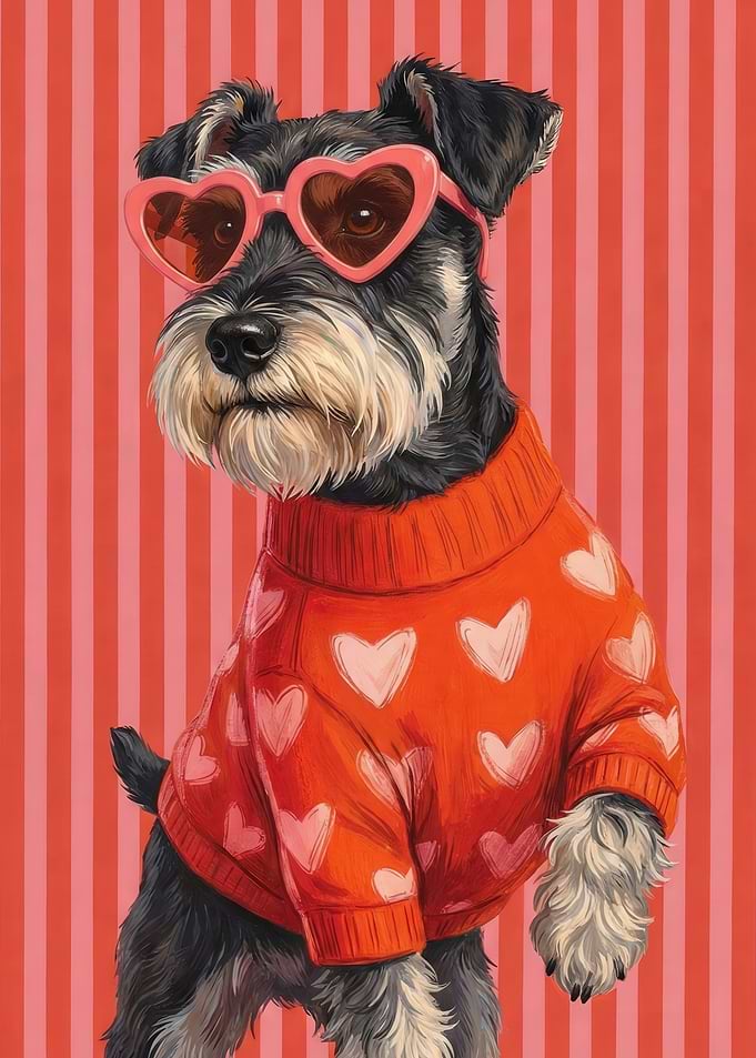 Schnauzer Dog Wearing Heart Sunglasses and Sweater