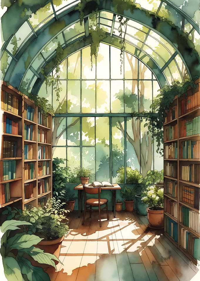 Greenhouse Library with Books and Plants