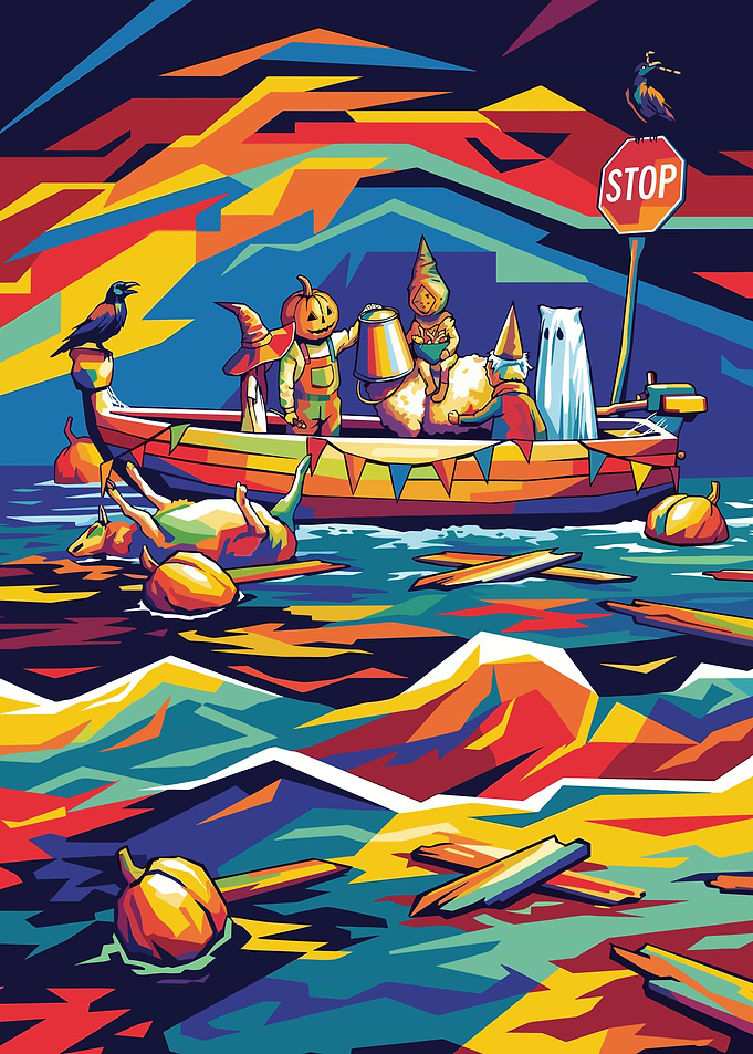 Halloween Boat Party in Pop Art Style