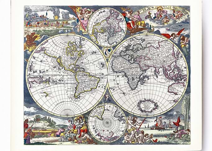 Antique World Map with Celestial and Terrestrial Scenes