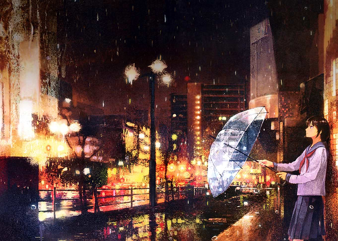 Girl with Umbrella in Rainy City