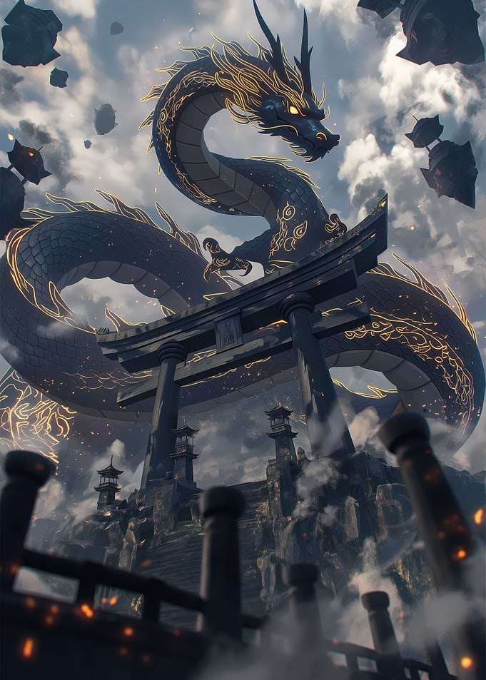 Majestic anime Dragon Over Torii Gate