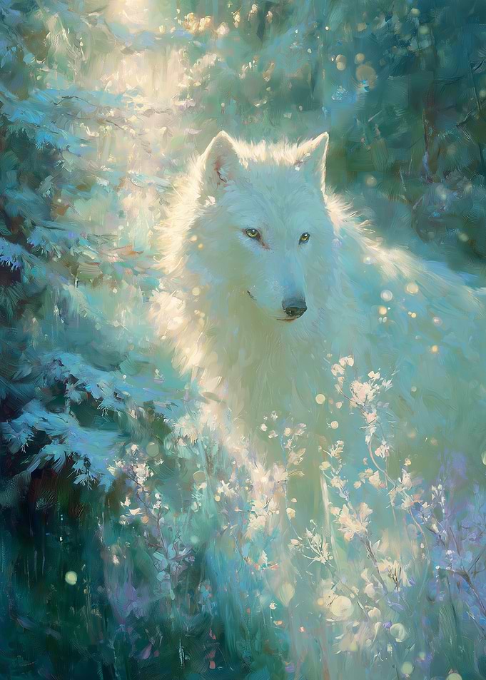 White Wolf in Sunlit Forest