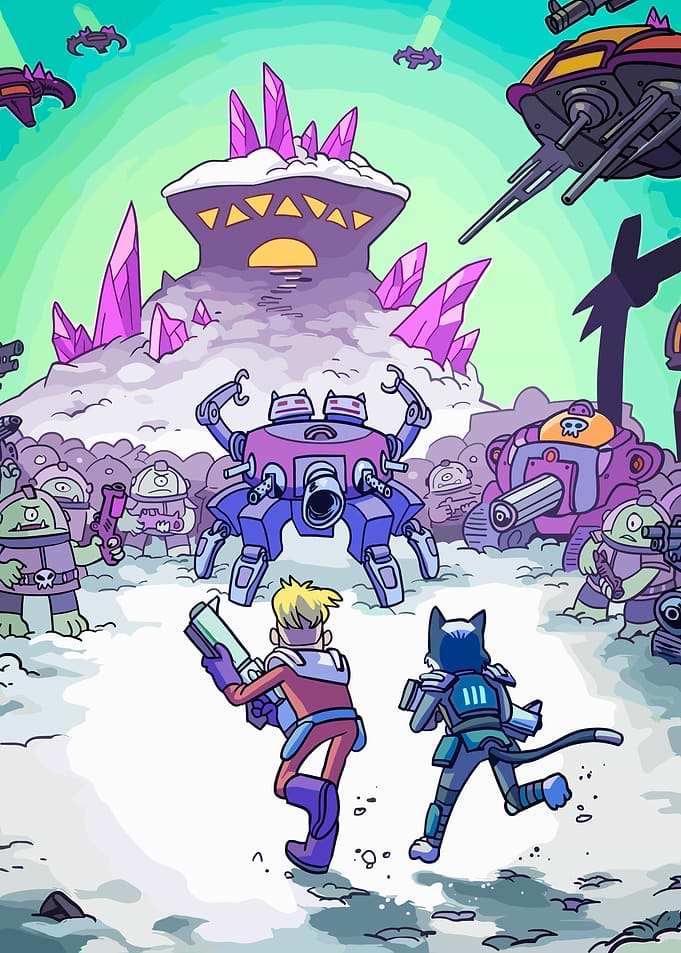 Sci-fi battle scene with robots and aliens