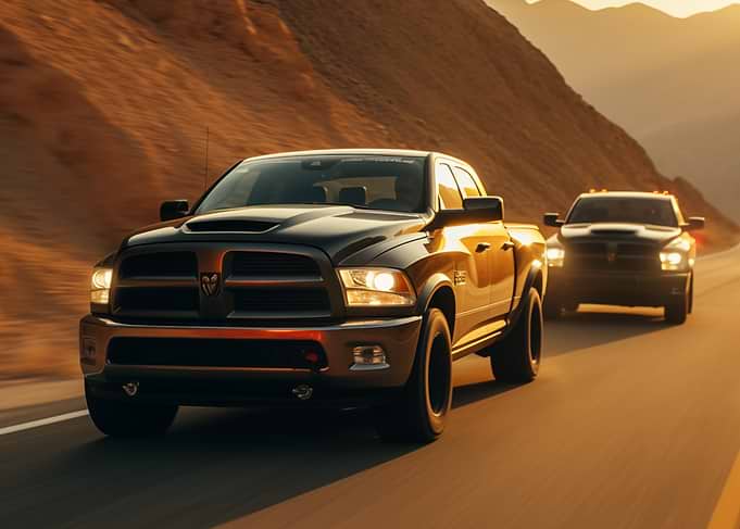 Two Ram trucks on the road