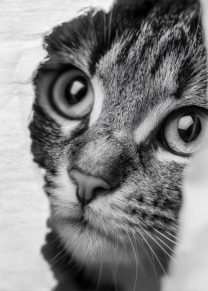 Close-up of a cat's face peeking through a hole