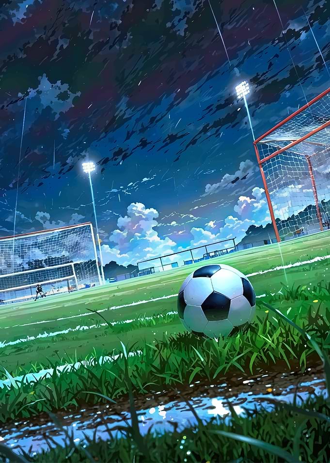 Soccer Field at Dusk with Rain