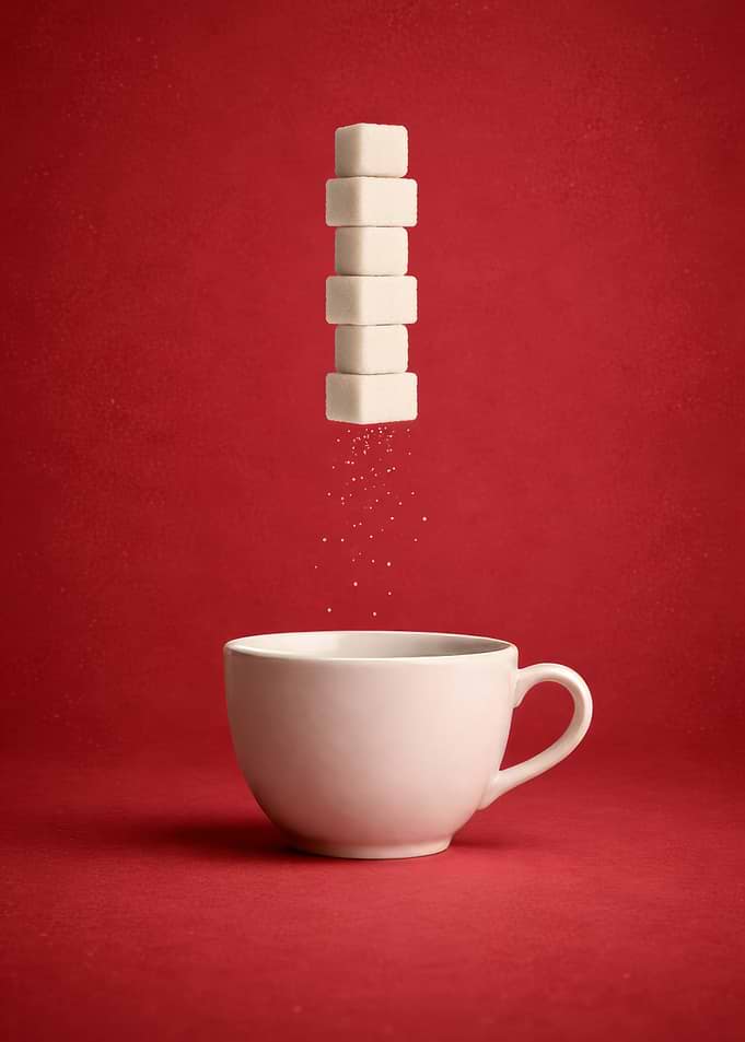 Sugar cubes falling into a cup