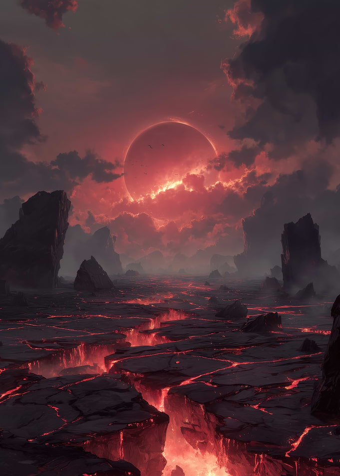 Volcanic Landscape with Red Moon