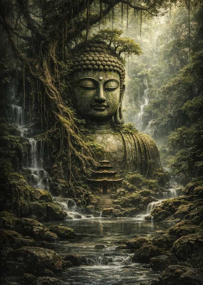 Ancient Buddha Statue in Lush Jungle