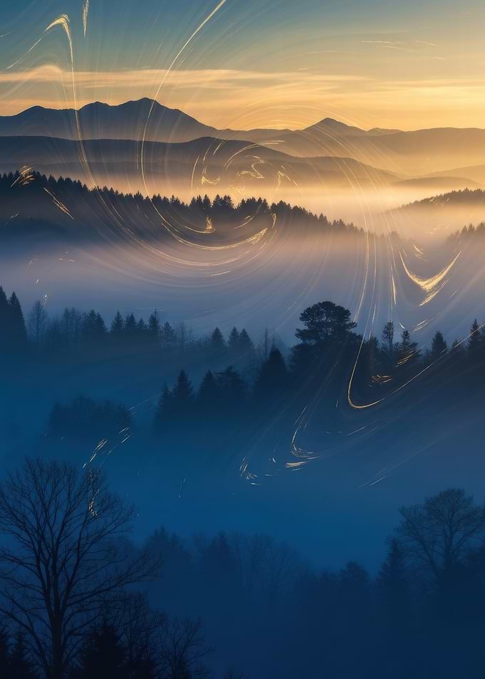 Misty Mountain Landscape with Swirling Lights