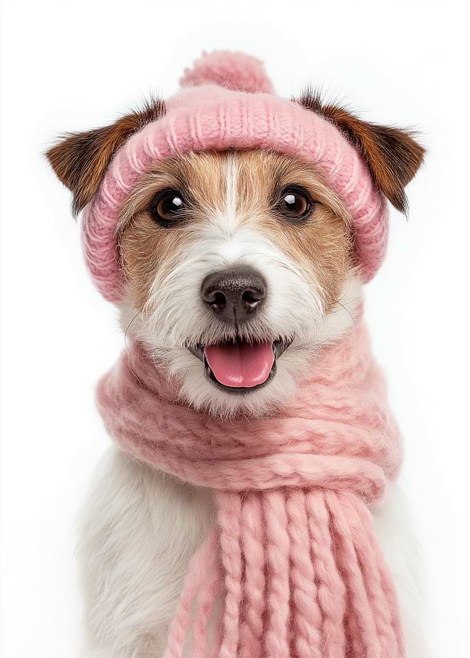 Cozy Parson Russell Terrier Dog Wearing Pink Hat and Scarf