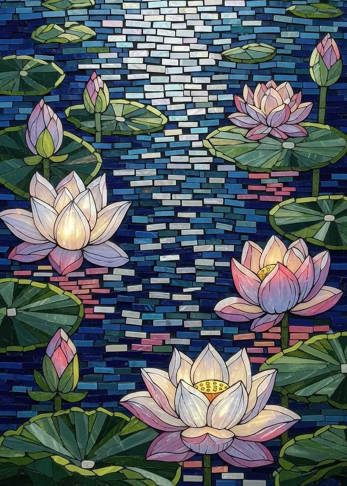 Lotus Flowers in a Pond Mosaic