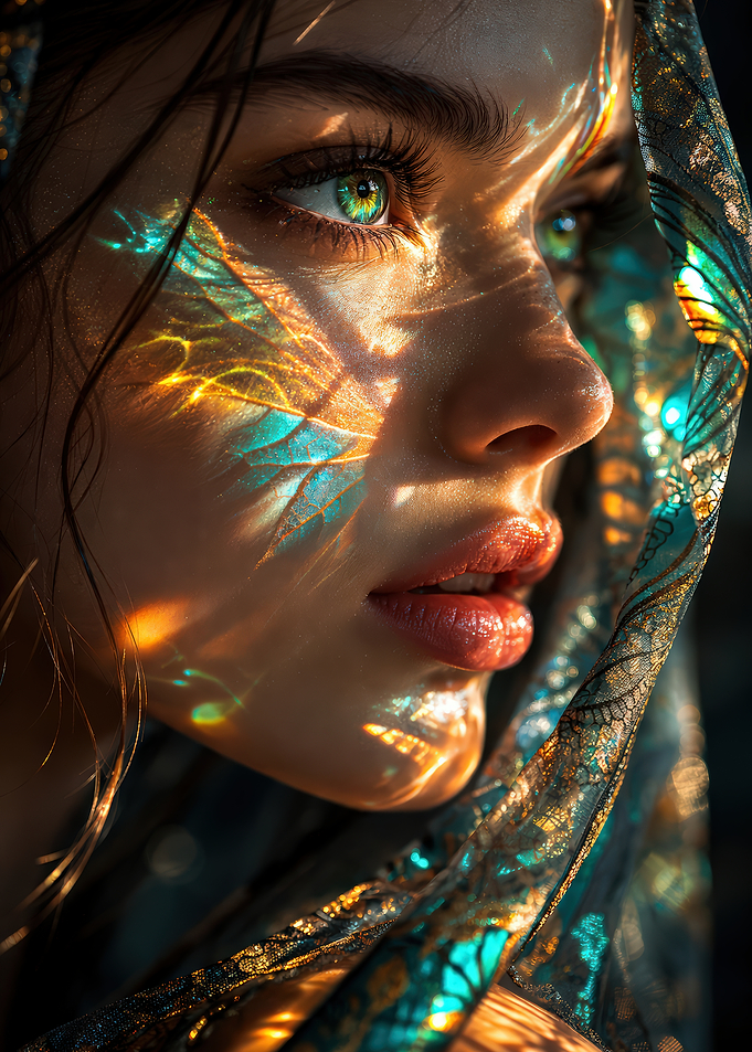 Woman with Light Reflections on Face