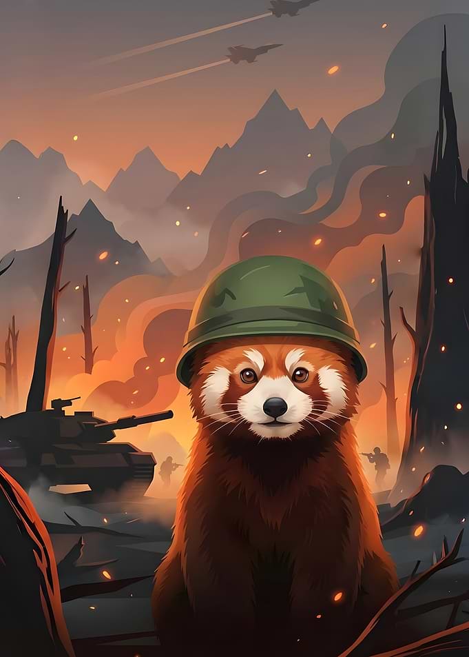 Red Panda Soldier in War Zone