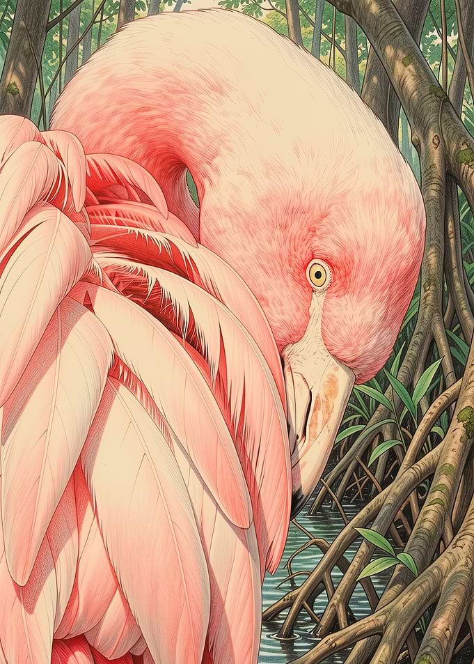 Close-up of a Pink Flamingo in Mangroves