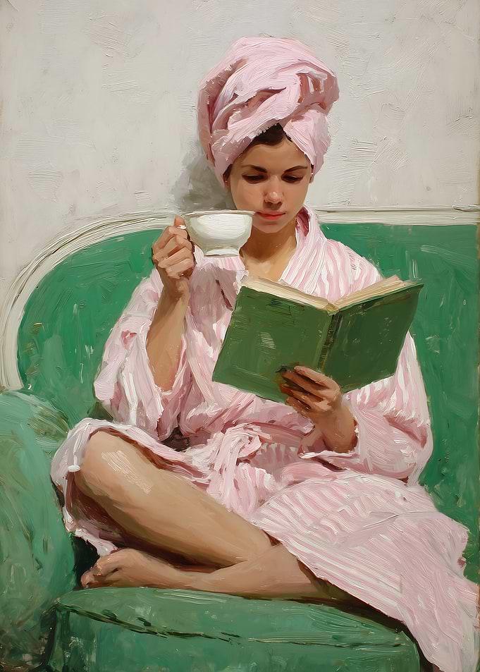 Woman Reading and Drinking Tea
