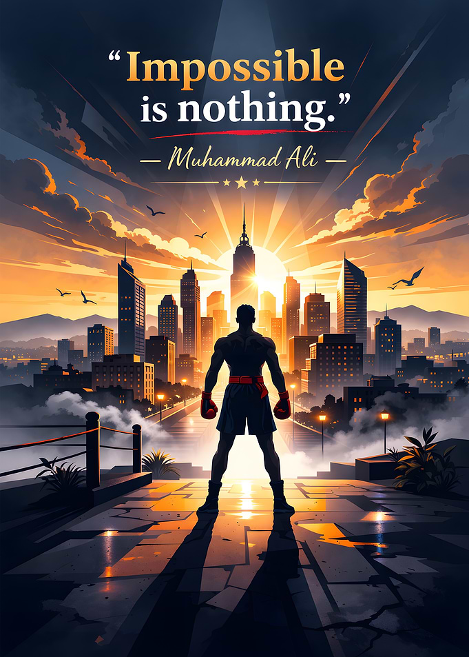Muhammad Ali quote with boxer and cityscape