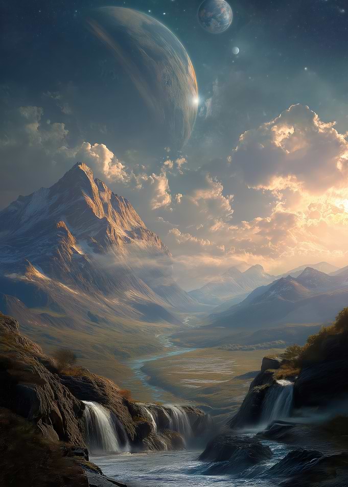 Alien Mountain Valley with Planets