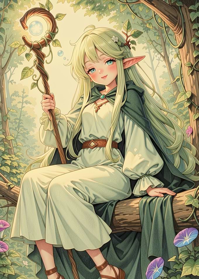 Anime Elf Girl with Staff in Forest