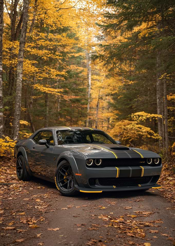 Dodge Challenger in Autumn Forest