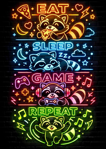 Raccoon Eat Sleep Game Repeat Neon Art