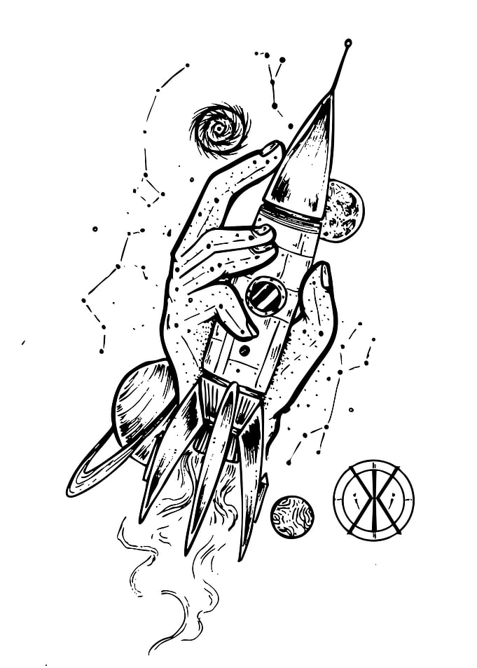 Hand holding a rocket in space