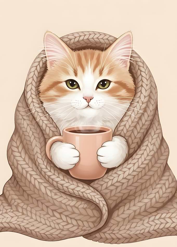 Cute Cat Wrapped in Blanket with Coffee