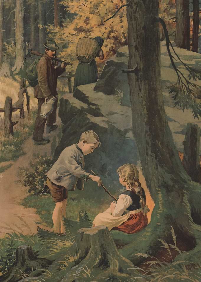 Children playing in a forest