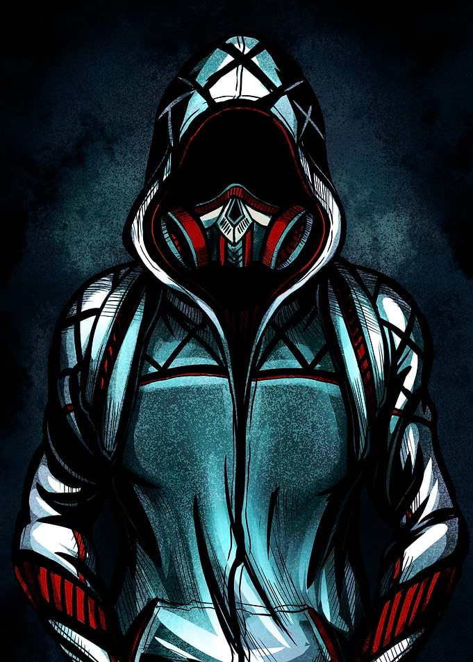 Hooded figure with gas mask