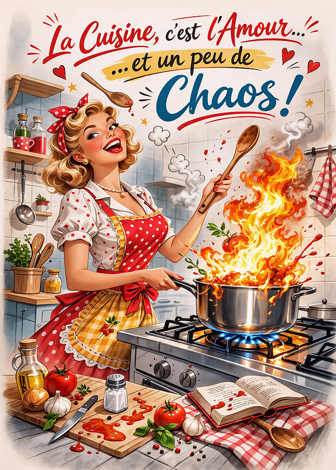Retro Woman Cooking with Flaming Pot