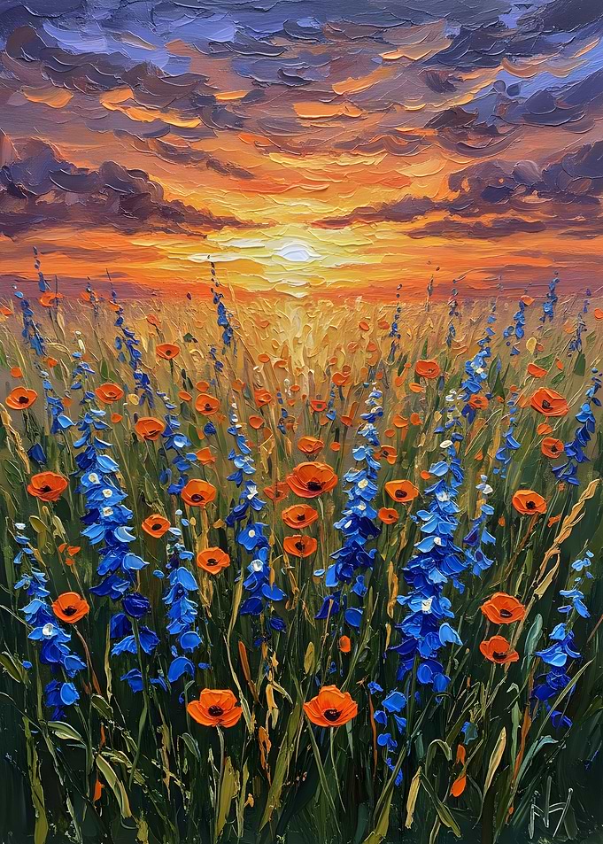 Sunset over a Poppy and Delphinium Field